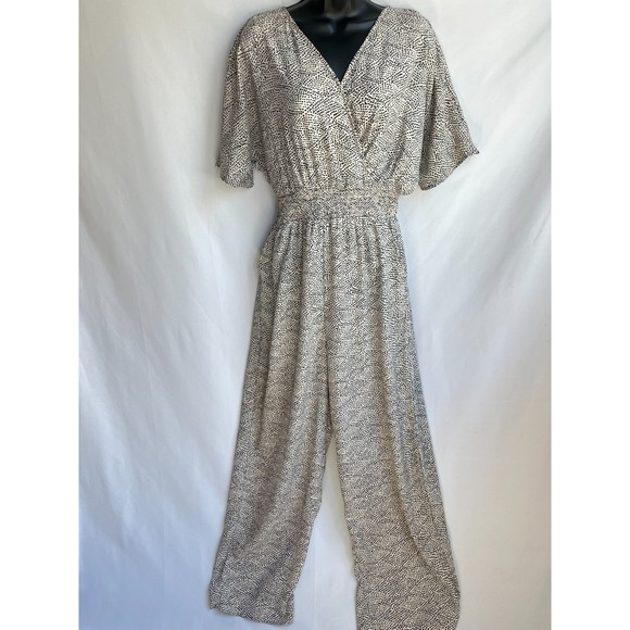 Japna Wide Leg Jumpsuit V Neck Animal Print Sz L Smocked Waist Surplice Boho - Picture 1 of 12